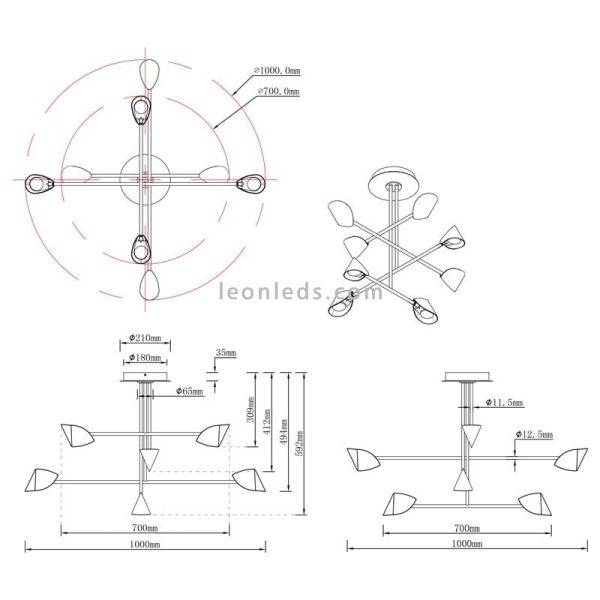 Lámpara de techo LED Capuccina negra 8 luces dimensiones