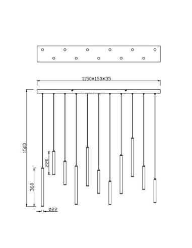 Dimensiones Lámpara colgante LED rectangular serie Tubular Negra 27,5W 3000KTrio Lighting | LeonLeds