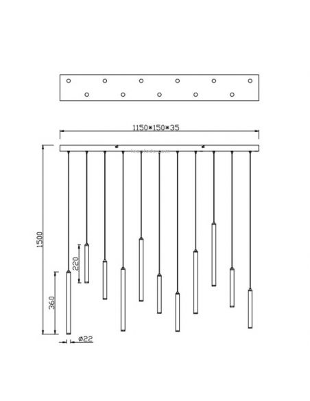 Dimensiones Lámpara colgante LED rectangular serie Tubular Negra 27,5W 3000KTrio Lighting | LeonLeds