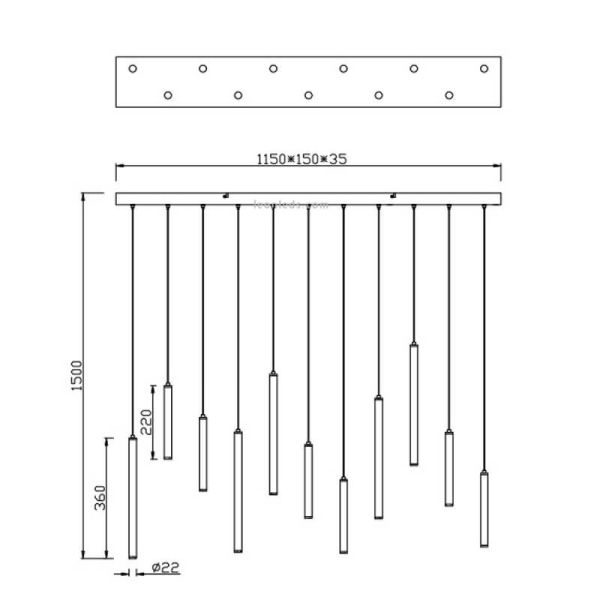 Dimensiones Lámpara colgante LED rectangular serie Tubular Negra 27,5W 3000KTrio Lighting | LeonLeds