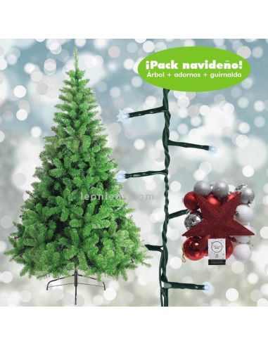 Pack navideño con árbol de 150cm bolas navideñas y guirnalda de 180 leds