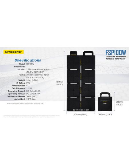 Medidas da maleta Painel Solar 100W Dobrável e impermeável IPX5 FSP100W | leonleds