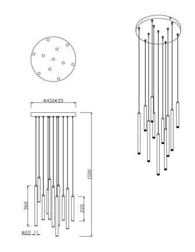 Dimensiones Lámpara colgante LED redonda serie Tubular Blanca 27,5W 3000K Trio Lighting | LeonLeds
