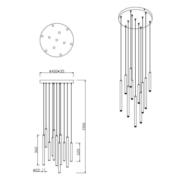 Dimensões Luminária pendente LED redonda Série tubular Branco 27,5W 3000K Trio Lighting | LeonLeds