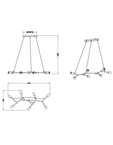 Dimensions du trio d'éclairage suspendu noir et doré à 6 lumières Cross | leonleds