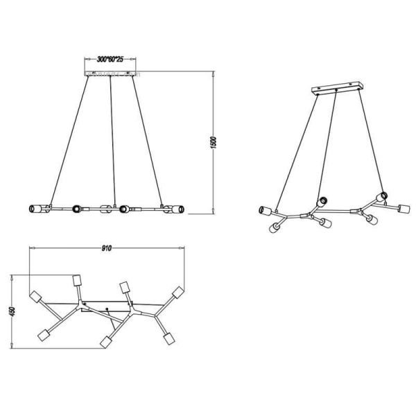 Dimensiones de Lámpara de techo Cross de 6 Luces Negra y Oro Trio Lighting | LeonLeds