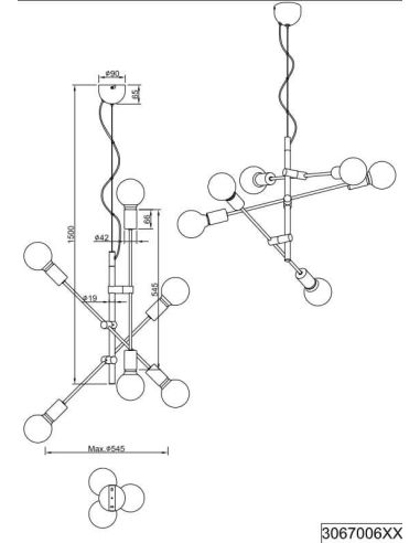 Dimensiones Lámpara colgante Cross de 6 Luces Negra y Oro 306700632 | LeonLeds
