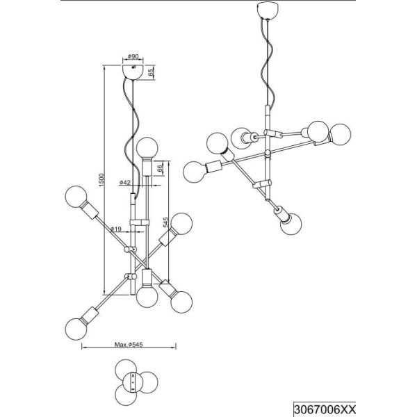 Dimensiones Lámpara colgante Cross de 6 Luces Negra y Oro 306700632 | LeonLeds