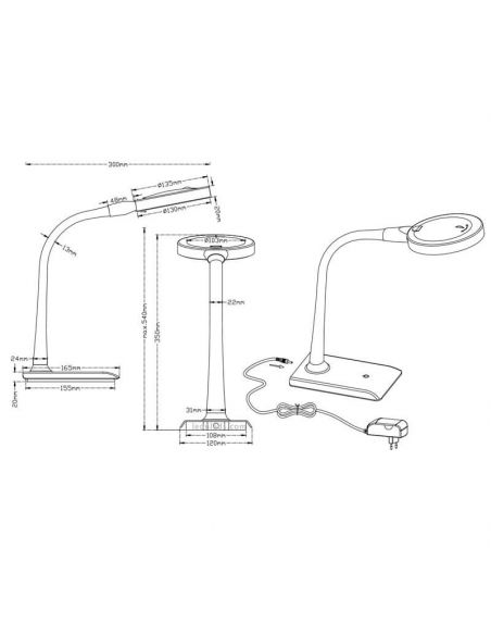 Dimensions Flexo LED blanche avec loupe 3X 4 Niveaux de puissance Lupo Trio Lighting | leonleds