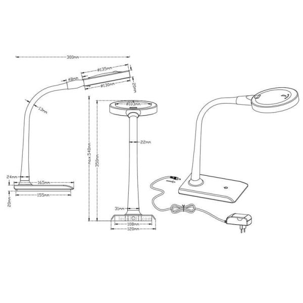 Dimensiones Flexo LED blanco con lupa 3X 4 Niveles de potencia Lupo Trio Lighting | LeonLeds