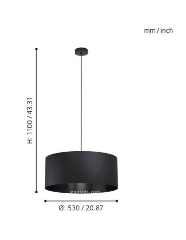 Dimensions Plafonnier textile noir 53cm de diamètre Maserlo 1 Eglo | leonleds