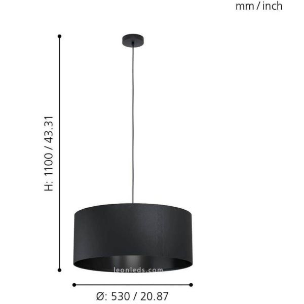 Dimensiones Lámpara de techo textil negra 53Cm de diametro Maserlo 1 Eglo | LeonLeds