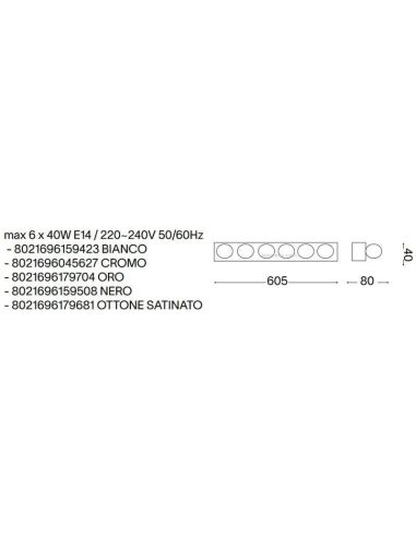 Dimensiones Aplique tipo hollywood latón Prive' AP6 6xE14 | LeonLeds
