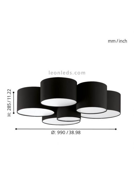 Dimensions Plafonnier textile noir Pastore composé de 6 plafonniers ronds | leonleds