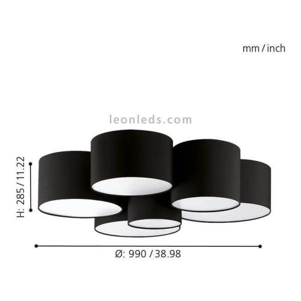 Dimensions Plafonnier textile noir Pastore composé de 6 plafonniers ronds | leonleds