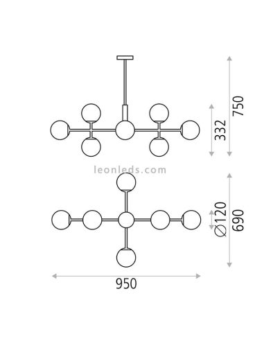 Dimensions du plafonnier suspension Doris doré ou noir 8L