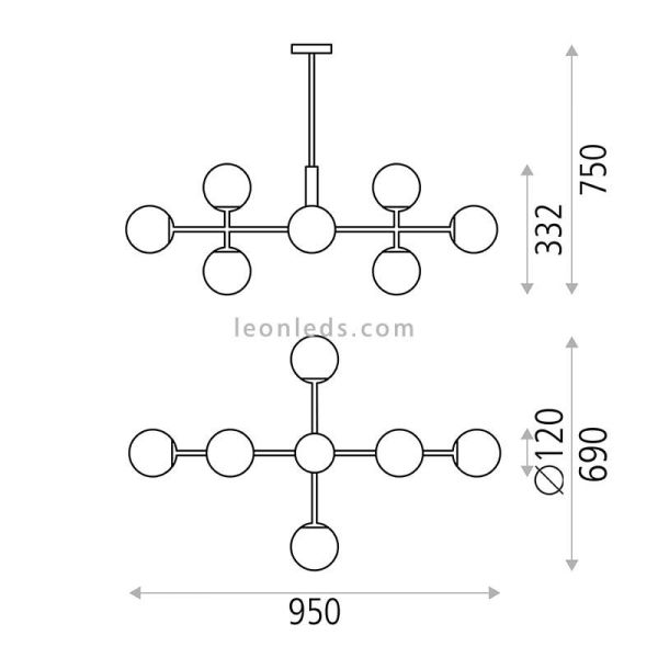 Lámpara de techo colgante Doris dorada o negra 8L dimensiones