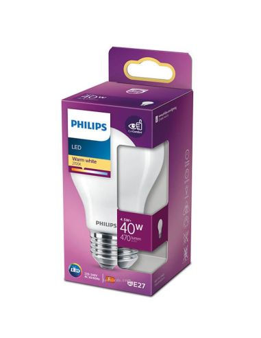 Bombilla LED A60 Equivalente a 40W - 4.5W Cristal Opaco LED Classic E27 Philips 3000K | LeonLeds