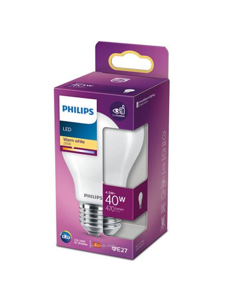 Bombilla LED A60 Equivalente a 40W - 4.5W Cristal Opaco LED Classic E27 Philips 3000K | LeonLeds
