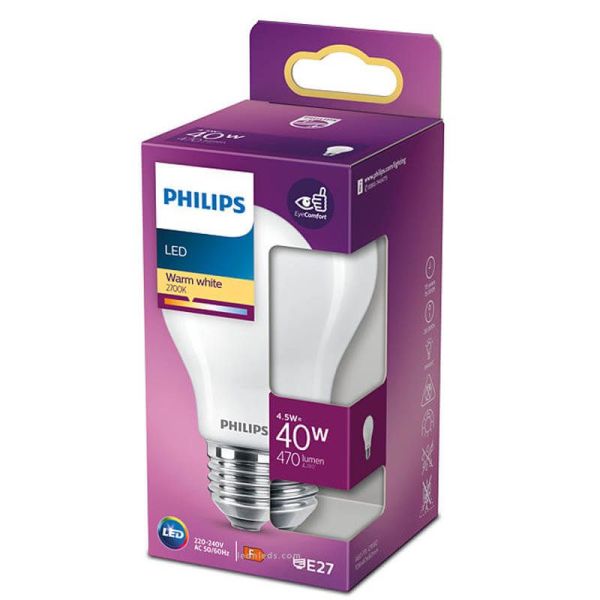 A60 Lâmpada LED 40W Equivalente - 4,5W Vidro Opaco LED Classic E27 Philips 3000K | leonleds