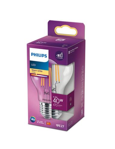 Bombilla LED de filamento A60 Equivalente a 40W - 4.3W Classic Luz Cálida 2700K 8718699761998 Philips | LeonLeds