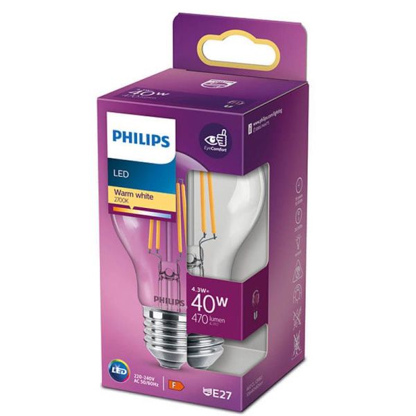 Bombilla LED de filamento A60 Equivalente a 40W - 4.3W Classic Luz Cálida 2700K 8718699761998 Philips | LeonLeds