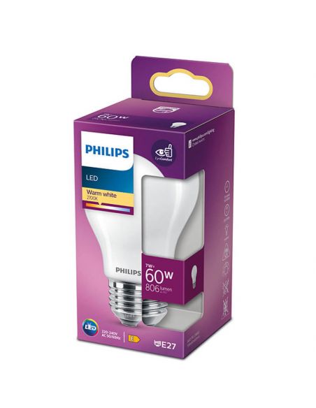 Bombilla LED Equivalente a 60W - 7W Cristal Opaco LED Classic E27 Philips 2700K | LeonLeds