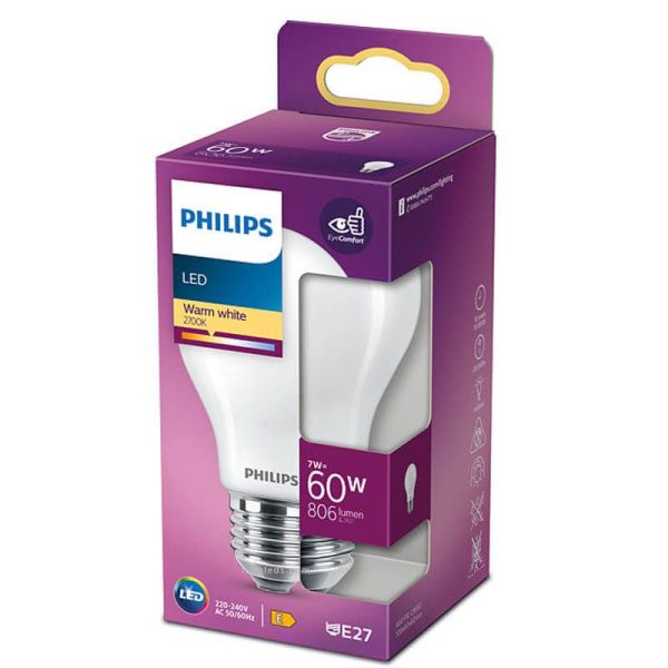 Bombilla LED Equivalente a 60W - 7W Cristal Opaco LED Classic E27 Philips 2700K | LeonLeds