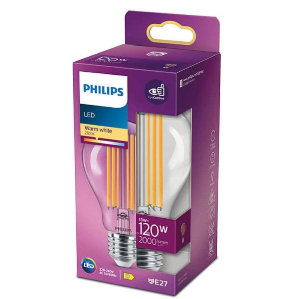 Bombilla E27 LED Filamento 13W - 120W A67 LED classic 2700k Philips | LeonLeds