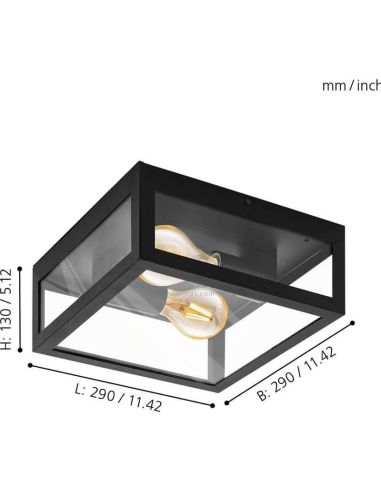 Dimensions Plafonnier d'extérieur Noir en Acier et Verre Alamonte 1 94832 2XE27 Eglo | leonleds