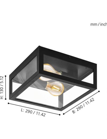 Dimensões do candeeiro de teto exterior preto em aço e vidro Alamonte 1 94832 2XE27 Eglo | leonleds