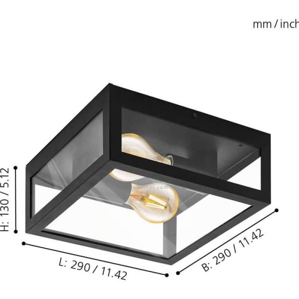 Dimensions Plafonnier d'extérieur Noir en Acier et Verre Alamonte 1 94832 2XE27 Eglo | leonleds