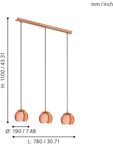 Dimensions de Plafonnier avec 3 abat-jour en cuivre Rocamar 94591 Eglo | leonleds
