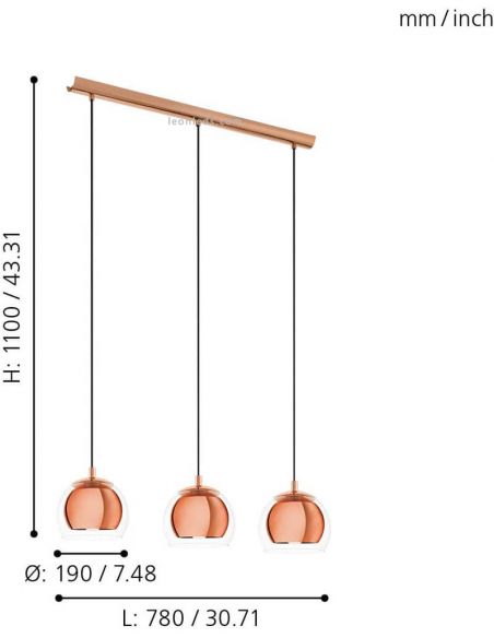Dimensiones de Lámpara de techo con 3 pantallas Cobre Rocamar 94591 Eglo | LeonLeds