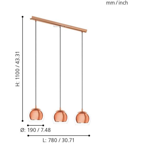 Dimensões da Luminária de teto com 3 abajures cobre Rocamar 94591 Eglo | leonleds