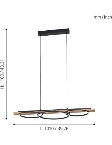 Dimensions Plafonnier LED avec 3 anneaux noirs Boyal 25W 3.600Lm Eglo | leonleds