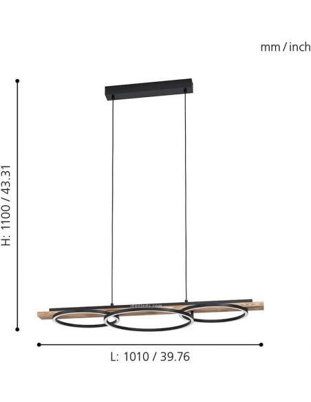 Dimensions Plafonnier LED avec 3 anneaux noirs Boyal 25W 3.600Lm Eglo | leonleds