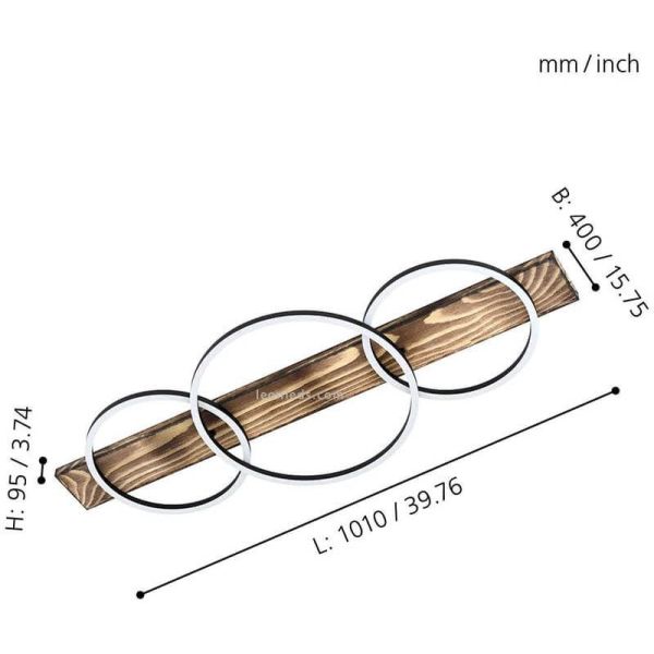 Dimensions du plafonnier LED 3 anneaux noirs Boyal 24W 3.400Lm bois noirci | leonleds