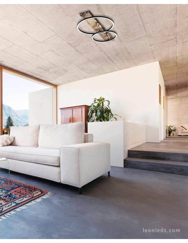 Sala de estar com plafon LED em madeira natural e preto Boyal 12W 1700Lm Eglo | leonleds