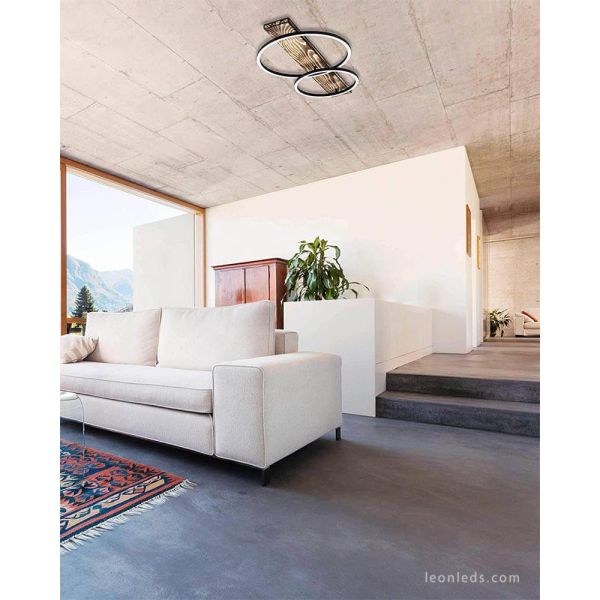 Salón con Plafón LED de madera natural y negro Boyal 12W 1700Lm Eglo | LeonLeds