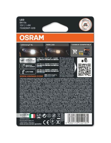 Pack de 2 Bombillas LED P21W BA15s 6000K 12V 2W (2Uds) LED 1 Polo 1156 LEDDriving SL Osram | LeonLeds