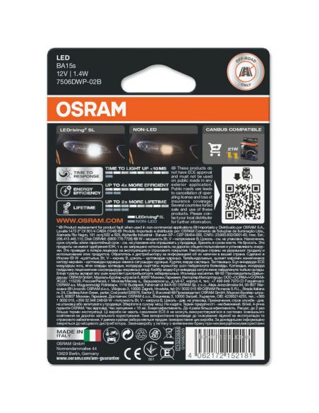 Pack de 2 Bombillas LED P21W BA15s 6000K 12V 2W (2Uds) LED 1 Polo 1156 LEDDriving SL Osram | LeonLeds