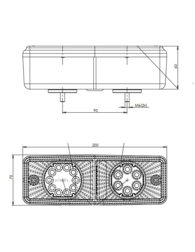 Dimensões da luz traseira LED para trator retangular 487 12V-24V 3 Funções | leonleds