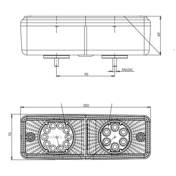 Dimensiones de Piloto trasero LED para tractor rectangular 487 12V-24V 3 Funciones | LeonLeds
