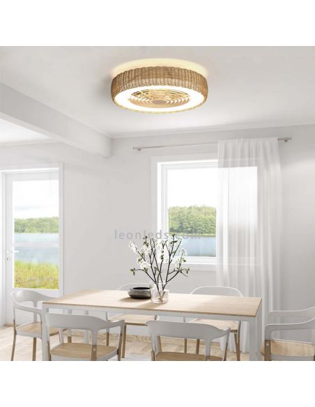 Ventilador plafón LED Kilimanjaro de ratán con mando ambiente