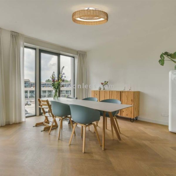 Ventilador plafón LED Kilimanjaro de ratán con mando opción de montaje 2 ambiente