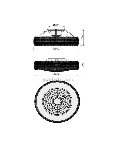 Dimensões do ventilador de teto LED Rattan Kilimanjaro