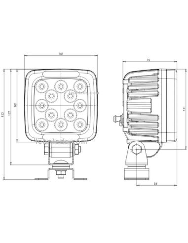 Dimensões Farol LED quadrado 6.000Lm Combo Optics 12-70V Was | leonleds