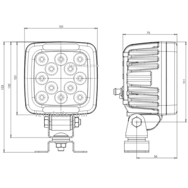 Dimensiones Faro LED cuadrado 6.000Lm Óptica Combo 12-70V Was | LeonLeds