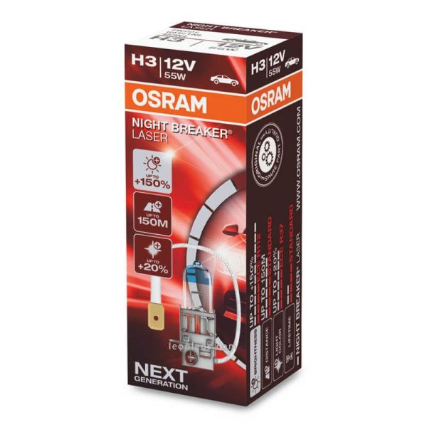 Bombilla H3 potente Night Breaker Laser 12V +150% mas de luz - Pack de 1 unidad Osram | LeonLeds